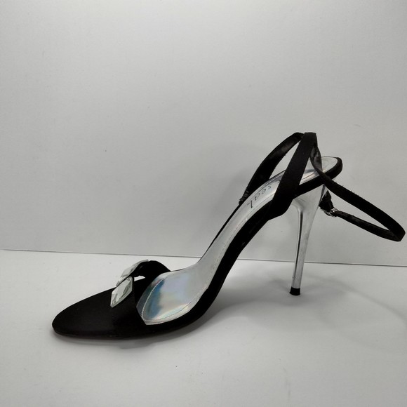 WET SEAL Sandals Ankle Strap Black Satin & Diamonds Silver 4.5" Stilettos Sz 9 - Picture 13 of 14